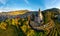 Colorful landscape aerial view of little village Kappelrodeck in Black Forest mountains. Beautiful medieval castle Burg Rodeck