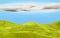 Colorful landscape of green meadows and clouds. Beautiful valley with hills, 3d rendering. Green grass field