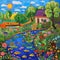 Colorful Landscape with a House, Pond and Fish, Naive Art Drawing Imitation