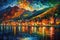Colorful Landscape Painting of Mountains and City Lights. Perfect for Wall Art.