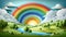 Colorful Landscape with Rainbow Arching Over a Serene River