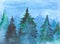 Colorful landscape with spruce trees. Hand painted watercolor image