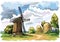 Colorful landscape with a windmill. Vector illustration