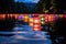 colorful lanterns floating on a placid pond