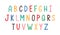 Colorful Latin letters of English alphabet for kids education. ABC font in cute doodle scandinavian style. Colored flat