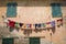 Colorful laundry hanging on clothing line in Portoferraio, Province of Livorno, on the island of Elba in the Tuscan Archipelago of