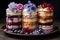 Colorful layered cakes decorated with edible flowers