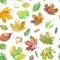 Colorful Leaves painted in watercolor. Seamless floral pattern