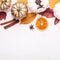 Colorful leaves and white golden pumpkins. Hello Autumn concept