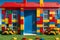 Colorful LEGO Blocks Construct a House: Balanced Structure Seamlessly Interconnected with Reds, Blues, and More