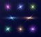 Colorful lens flares set, bright glares with rays. Collection of magic sparks, retro neon light