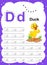 Colorful letter d Uppercase and Lowercase alphabet A-Z, Tracing and writing daily printable A4 practice worksheet with cute