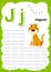 Colorful letter J Uppercase and Lowercase alphabet A-Z, Tracing and writing daily printable A4 practice worksheet with cute