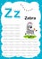 Colorful letter Z Uppercase and Lowercase alphabet A-Z, Tracing and writing daily printable A4 practice worksheet with cute