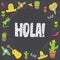 Colorful lettering composition, word Hola upon black background. Cute Spanish and Mexican elements. Flat design for cards, posters