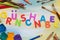 Colorful letters, school supplies, german word