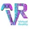 Colorful letters VR abbreviation for Virtual Reality perforated with PCB circuit board tracks and gamepad joystick isolated on