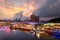 Colorful light building at night in Clarke Quay, Singapore. Clarke Quay, is a historical riverside quay in Singapore.