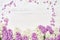 Colorful lilac flowers border on white wooden background. Top vi