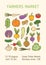 Colorful linear poster for farmers market with various vegetables and salad greens. Vertical placard with organic