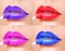 Colorful lips collection. Lipstick with Lip Gloss on Lips