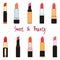 Colorful Lipstick Collection Set, Vector Illustration Doodle Cartoon Style