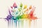 Colorful liquid rainbow paint splash with flowers on white background. AI