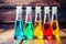 colorful liquids in mouthwash bottles