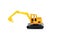 Colorful little mini yellow plastic tractor excavator, truck, lorry, car toy isolated on white background mockup with