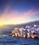 Colorful Little Venice of Mykonos island at sunset , Greece