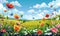 A colorful, lively illustration of a springtime meadow with various flowers and butterflies under a blue sky. Generate AI