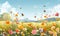 A colorful, lively illustration of a springtime meadow with various flowers and butterflies under a blue sky. Generate AI