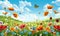 A colorful, lively illustration of a springtime meadow with various flowers and butterflies under a blue sky. Generate AI