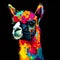 A colorful llama with a flower crown on its head. Generative AI image.