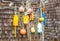 Colorful lobster buoys hanging on a weathered wall in Massachusetts