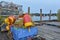 Colorful Lobster floats, traps and nylon rope laying on a wooden