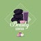 Colorful logo of beauty center with set of black massage stones and skin creams