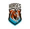 Colorful logo, sticker, horse emblem. Beautiful stallion, horse racing, fast animal, mascot of the sports club. Shield