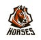 Colorful logo, sticker, horse emblem. Beautiful stallion, horse racing, fast animal, mascot of the sports club. Shield