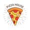 Colorful logotype with delicious pizza slice hand drawn in retro style. Tasty meal of Italian cuisine. Modern stylish