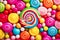 Colorful lollipops and candy background. Top view