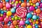 Colorful lollipops and candy background. Top view