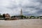 Colorful longtail boat at the Wat Arun temple on Chaopraya river