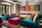 colorful lounge area with plush sofas and coffee tables for guests to relax