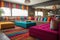 colorful lounge area with plush sofas and coffee tables for guests to relax