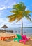 Colorful lounge chairs at a tropical paradise beach