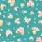 Colorful love heart vector seamless pattern in boho style. Aqua blue pink retro floral hearts and flowers backdrop