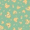 Colorful love heart vector seamless pattern in boho style. Pastel green yellow retro floral hearts and flowers backdrop