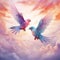 Colorful lovebirds in flight with an ethereal sky
