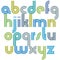 Colorful lowercase letters with rounded corners, animated spherical striped font with outline.